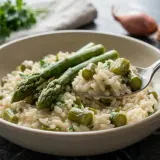 Un cremoso risotto con asparagi freschi, guarnito con prezzemolo tritato. Una forchettata mostra la consistenza perfetta.