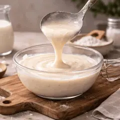 Besciamella senza burro cremosa che cola da un mestolo in una ciotola di vetro. Ingredienti per la preparazione visibili sullo sfondo.