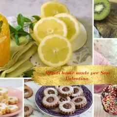Collage di dolci da fare in casa: marmellata di limone, kiwi, biscotti, cake pops e cioccolatini. Idee regalo fatte a mano per San Valentino.