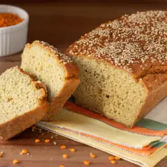 Pane di lenticchie dorato e soffice, cosparso di semi di sesamo, con due fette tagliate. Sullo sfondo, una ciotola di lenticchie rosse.