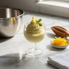 Sorbetto al limone Bimby, fresco e cremoso, guarnito con scorza di limone e menta. Accanto, una ciotolina con scorzette e uno spremiagrumi.