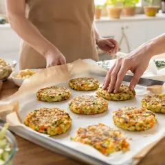 Mani che dispongono polpette di verdure su una teglia, pronte per essere cotte. Ingredienti freschi e colorati visibili.