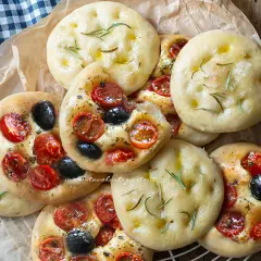 Focaccine in padella, alcune condite con pomodorini e olive, altre con rosmarino e olio. Perfette per uno spuntino.
