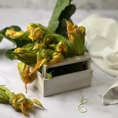 Fiori di zucca freschi, pronti per essere trasformati in deliziose frittelle in pastella. Un cestino di legno li contiene, con qualche fiore sparso sul piano di marmo.