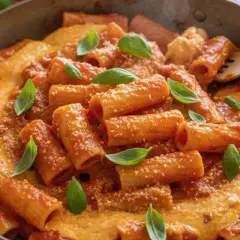 Paccheri alla Vittorio, un piatto ricco e cremoso, condito con un sugo rosso e guarnito con foglie di basilico fresco.