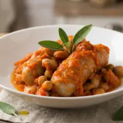Salsiccia e fagioli in umido, guarniti con foglie di salvia fresca, serviti in una ciotola bianca su un tavolo di legno.