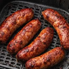 Salsiccia dorata e succulenta nella friggitrice ad aria, pronta per essere gustata.