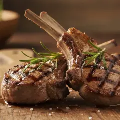 Deliziose costolette di agnello grigliate, guarnite con rosmarino fresco e sale grosso, pronte per essere gustate.