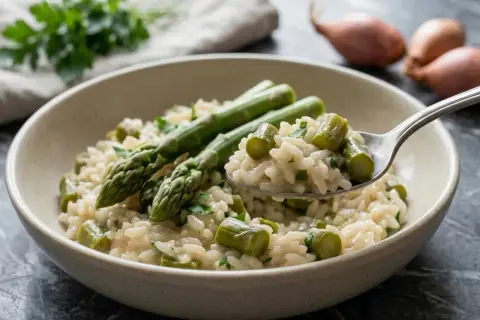 Un cremoso risotto con asparagi freschi, guarnito con prezzemolo tritato. Una forchettata mostra la consistenza perfetta.