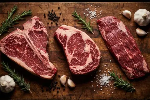 Tre succulente costate di manzo, pepe, sale, aglio e rosmarino su un tagliere di legno rustico, pronte per essere cucinate.