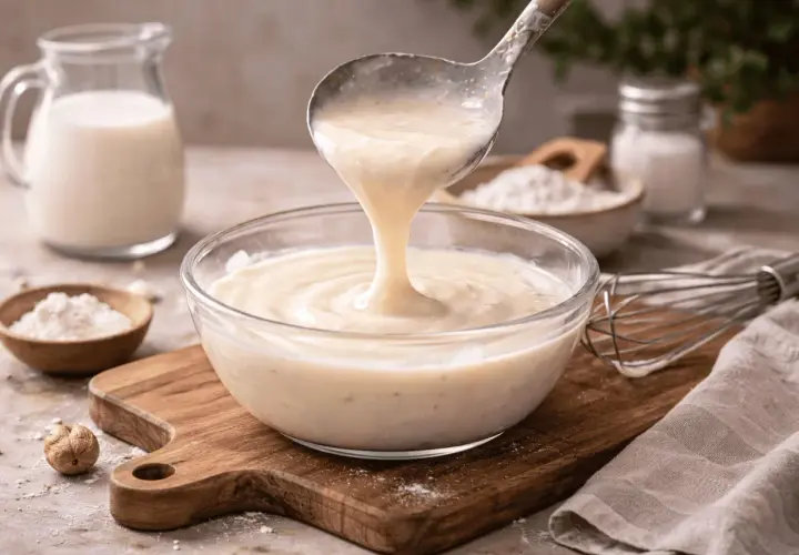 Besciamella senza burro cremosa che cola da un mestolo in una ciotola di vetro. Ingredienti per la preparazione visibili sullo sfondo.