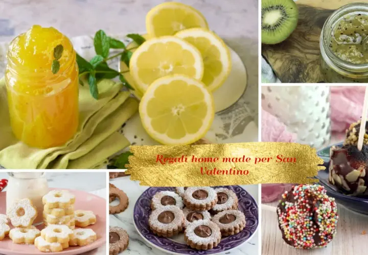 Collage di dolci da fare in casa: marmellata di limone, kiwi, biscotti, cake pops e cioccolatini. Idee regalo fatte a mano per San Valentino.