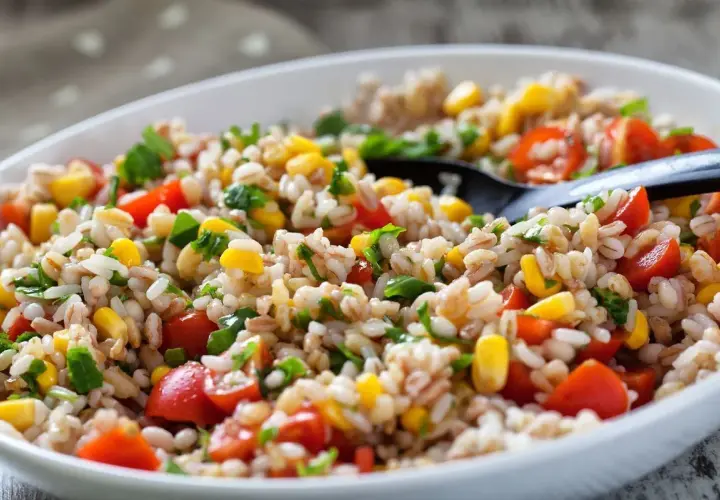 Insalata di farro colorata con pomodorini, mais e prezzemolo fresco, servita in una ciotola bianca con un cucchiaio nero.