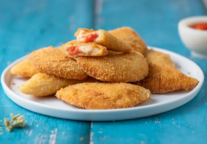 Sofficini fatti in casa dorati e croccanti, ripieni di pomodoro e mozzarella filante, pronti per essere gustati.