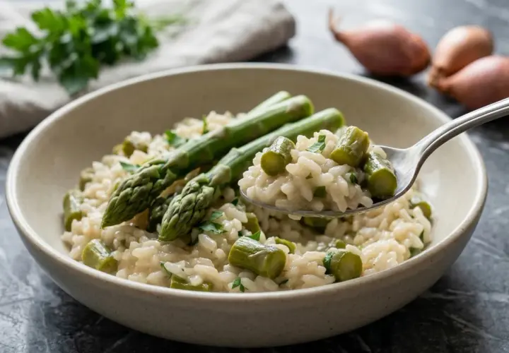 Un cremoso risotto con asparagi freschi, guarnito con prezzemolo tritato. Una forchettata mostra la consistenza perfetta.