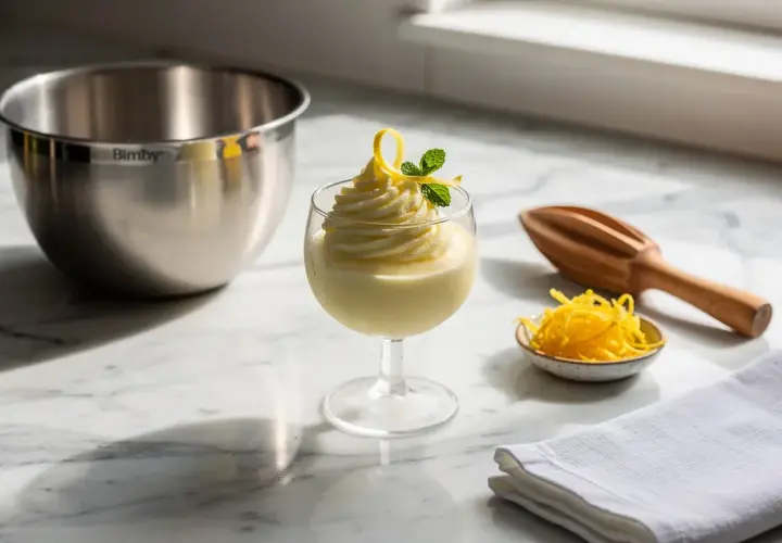 Sorbetto al limone Bimby, fresco e cremoso, guarnito con scorza di limone e menta. Accanto, una ciotolina con scorzette e uno spremiagrumi.