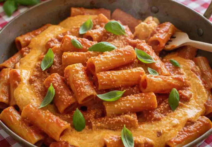 Paccheri alla Vittorio, un piatto ricco e cremoso, condito con un sugo rosso e guarnito con foglie di basilico fresco.