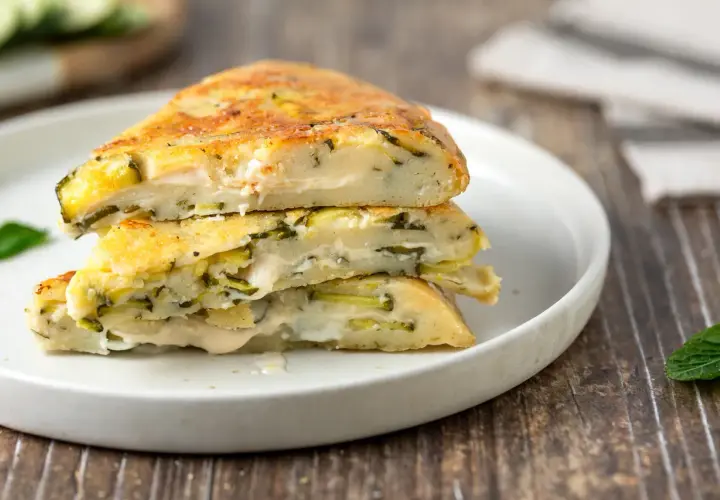 Fette di torta salata con zucchine e formaggio, impilate su un piatto bianco.