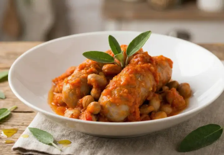 Salsiccia e fagioli in umido, guarniti con foglie di salvia fresca, serviti in una ciotola bianca su un tavolo di legno.