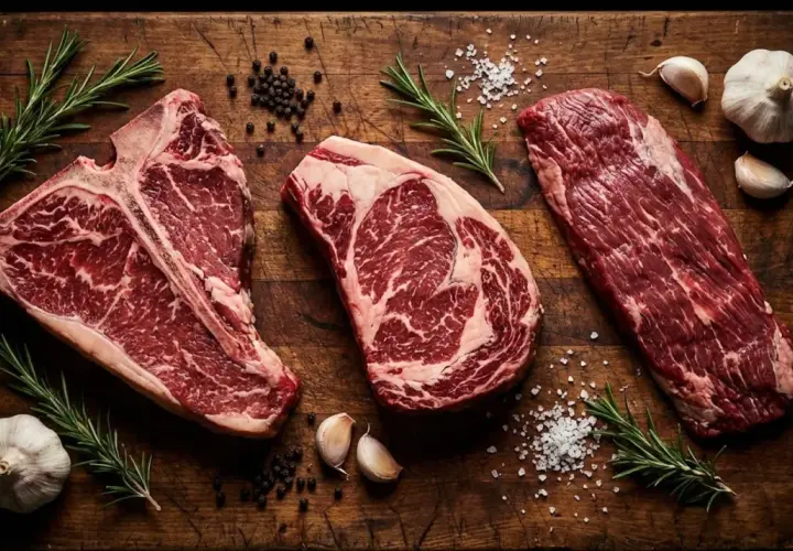 Tre succulente costate di manzo, pepe, sale, aglio e rosmarino su un tagliere di legno rustico, pronte per essere cucinate.