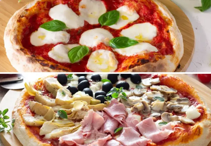 Due pizze deliziose: una margherita con mozzarella e basilico, l'altra con carciofi, olive, funghi e prosciutto. La pasta per pizza è perfetta!