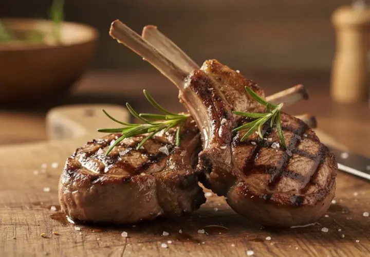 Deliziose costolette di agnello grigliate, guarnite con rosmarino fresco e sale grosso, pronte per essere gustate.