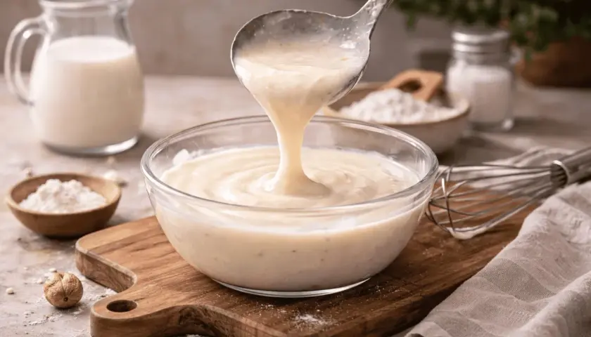 Besciamella senza burro cremosa che cola da un mestolo in una ciotola di vetro. Ingredienti per la preparazione visibili sullo sfondo.