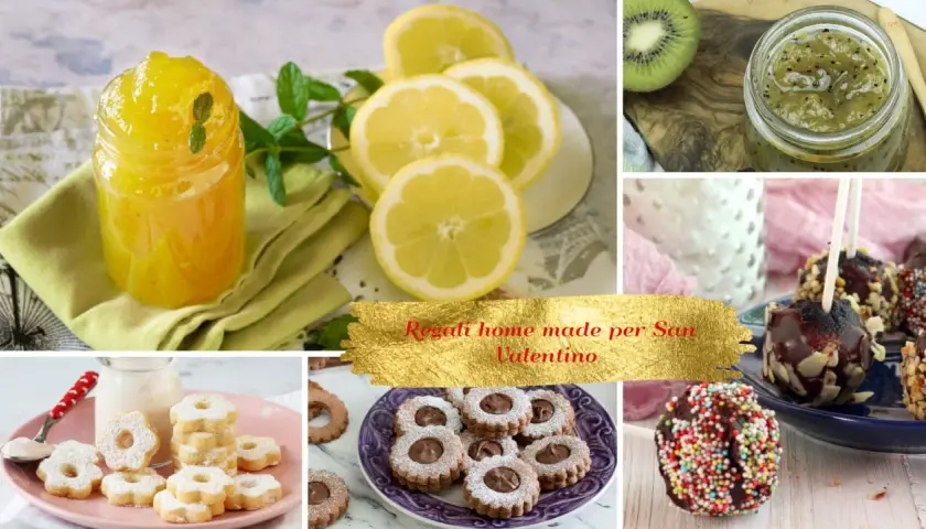 Collage di dolci da fare in casa: marmellata di limone, kiwi, biscotti, cake pops e cioccolatini. Idee regalo fatte a mano per San Valentino.