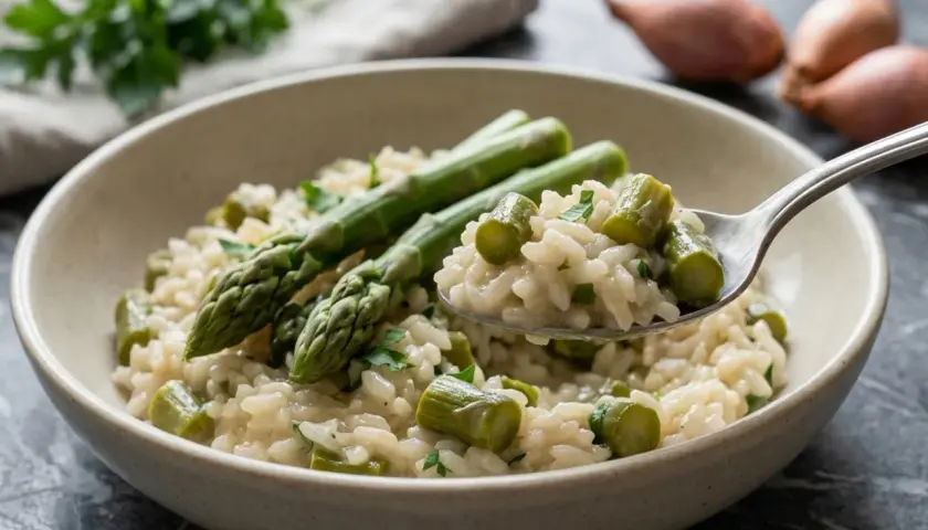 Un cremoso risotto con asparagi freschi, guarnito con prezzemolo tritato. Una forchettata mostra la consistenza perfetta.