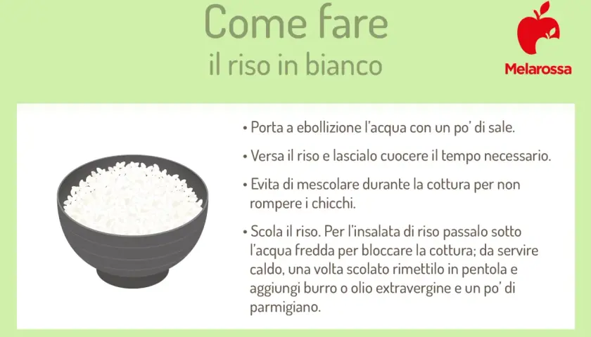 Una ciotola di riso in bianco, pronto per essere condito. Istruzioni su come preparare il riso in bianco.