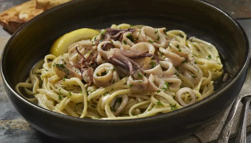 Un piatto invitante di pasta con calamari, guarnito con prezzemolo fresco e una fetta di limone.
