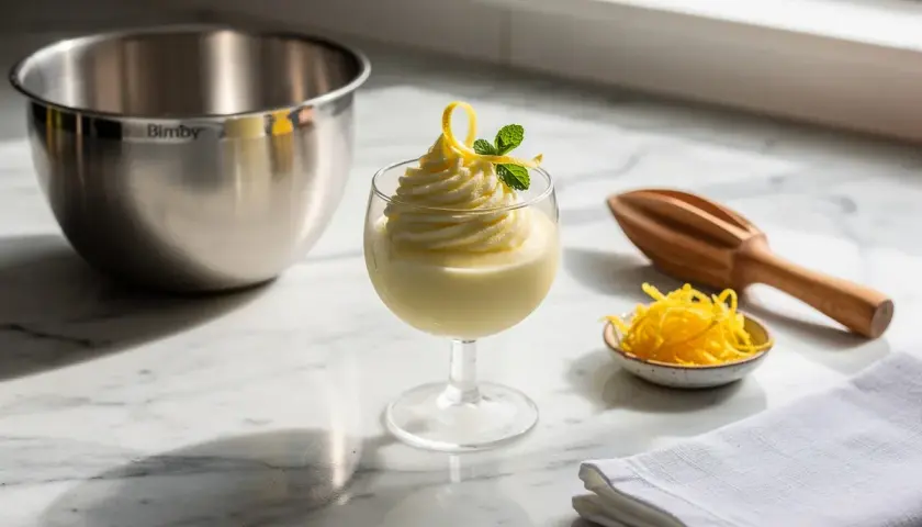 Sorbetto al limone Bimby, fresco e cremoso, guarnito con scorza di limone e menta. Accanto, una ciotolina con scorzette e uno spremiagrumi.