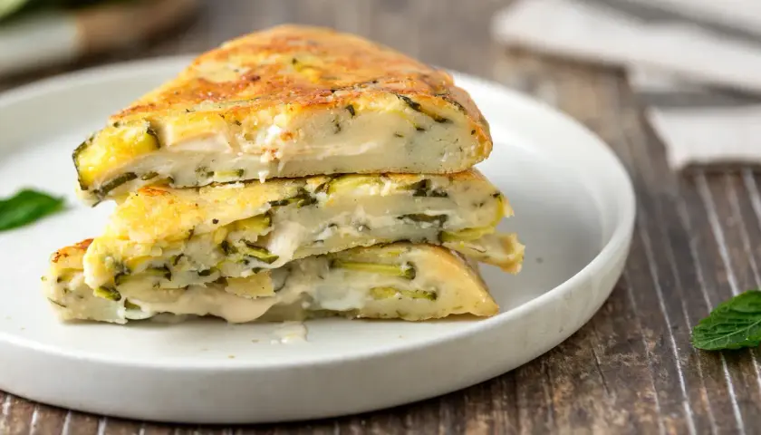 Fette di torta salata con zucchine e formaggio, impilate su un piatto bianco.