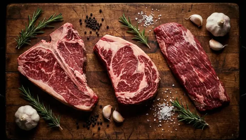 Tre succulente costate di manzo, pepe, sale, aglio e rosmarino su un tagliere di legno rustico, pronte per essere cucinate.
