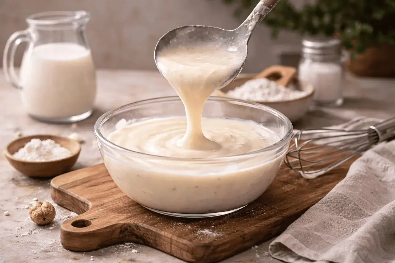 Besciamella senza burro cremosa che cola da un mestolo in una ciotola di vetro. Ingredienti per la preparazione visibili sullo sfondo.