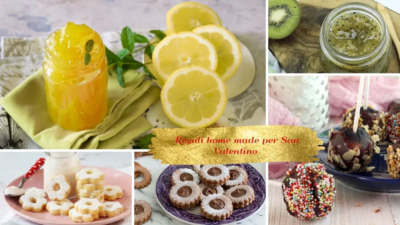 Collage di dolci da fare in casa: marmellata di limone, kiwi, biscotti, cake pops e cioccolatini. Idee regalo fatte a mano per San Valentino.