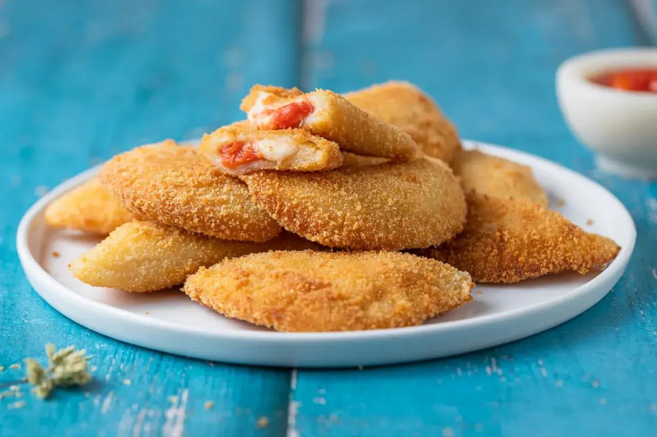 Sofficini fatti in casa dorati e croccanti, ripieni di pomodoro e mozzarella filante, pronti per essere gustati.