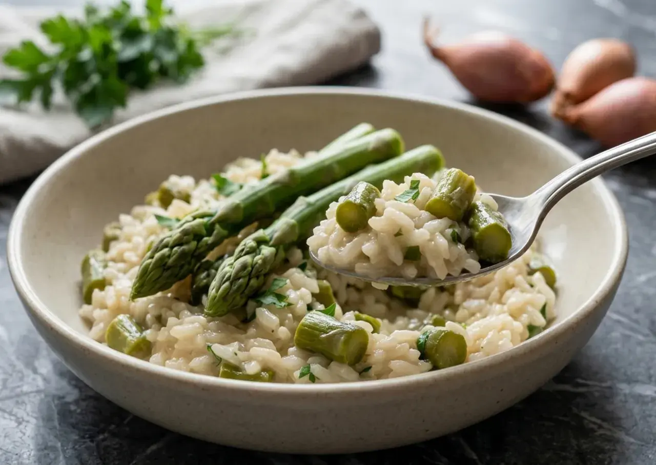 Un cremoso risotto con asparagi freschi, guarnito con prezzemolo tritato. Una forchettata mostra la consistenza perfetta.