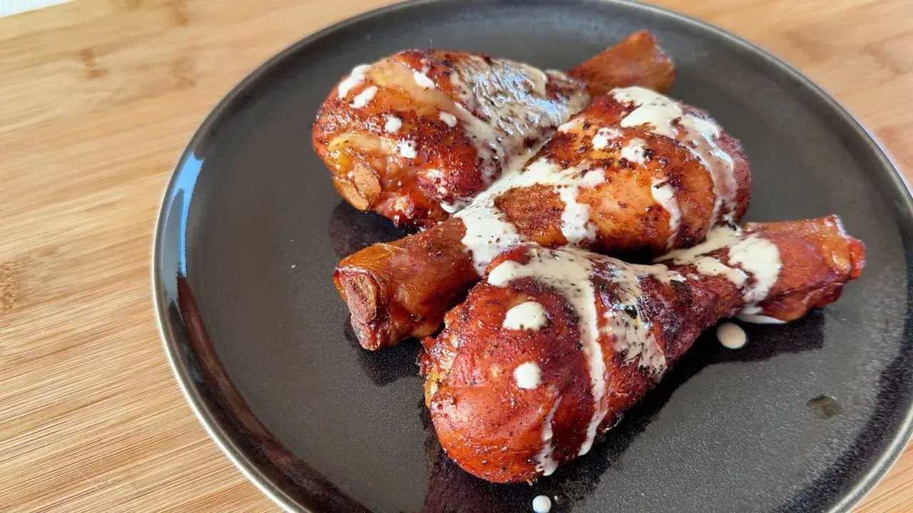 Tre succulenti fusi di pollo arrostiti, conditi con spezie e nappati con una cremosa salsa bianca, serviti su un piatto scuro.
