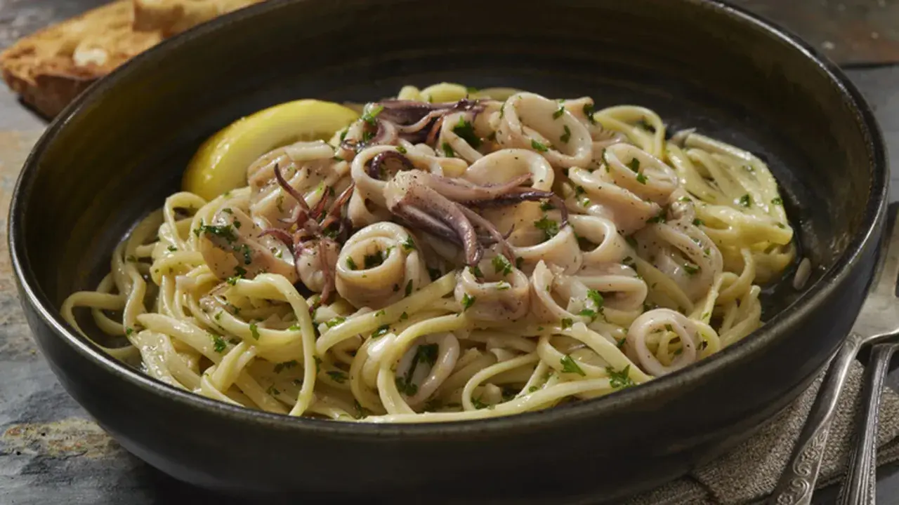 Un piatto invitante di pasta con calamari, guarnito con prezzemolo fresco e una fetta di limone.