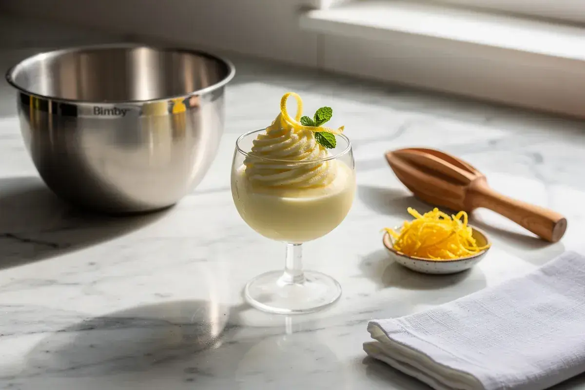 Sorbetto al limone Bimby, fresco e cremoso, guarnito con scorza di limone e menta. Accanto, una ciotolina con scorzette e uno spremiagrumi.