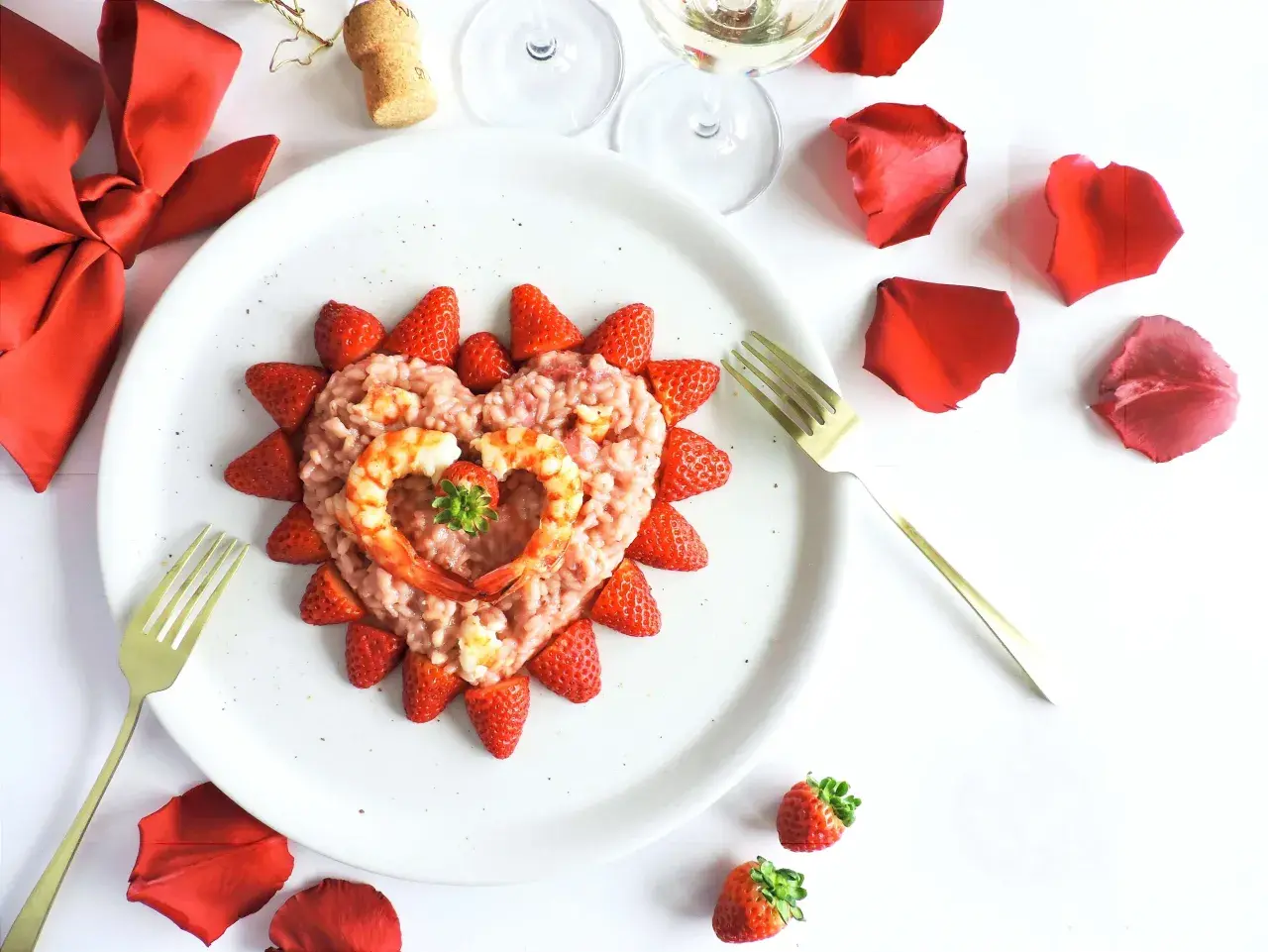 Un cuore di risotto alle fragole, decorato con gamberi e fragole fresche, pronto per un'occasione speciale.