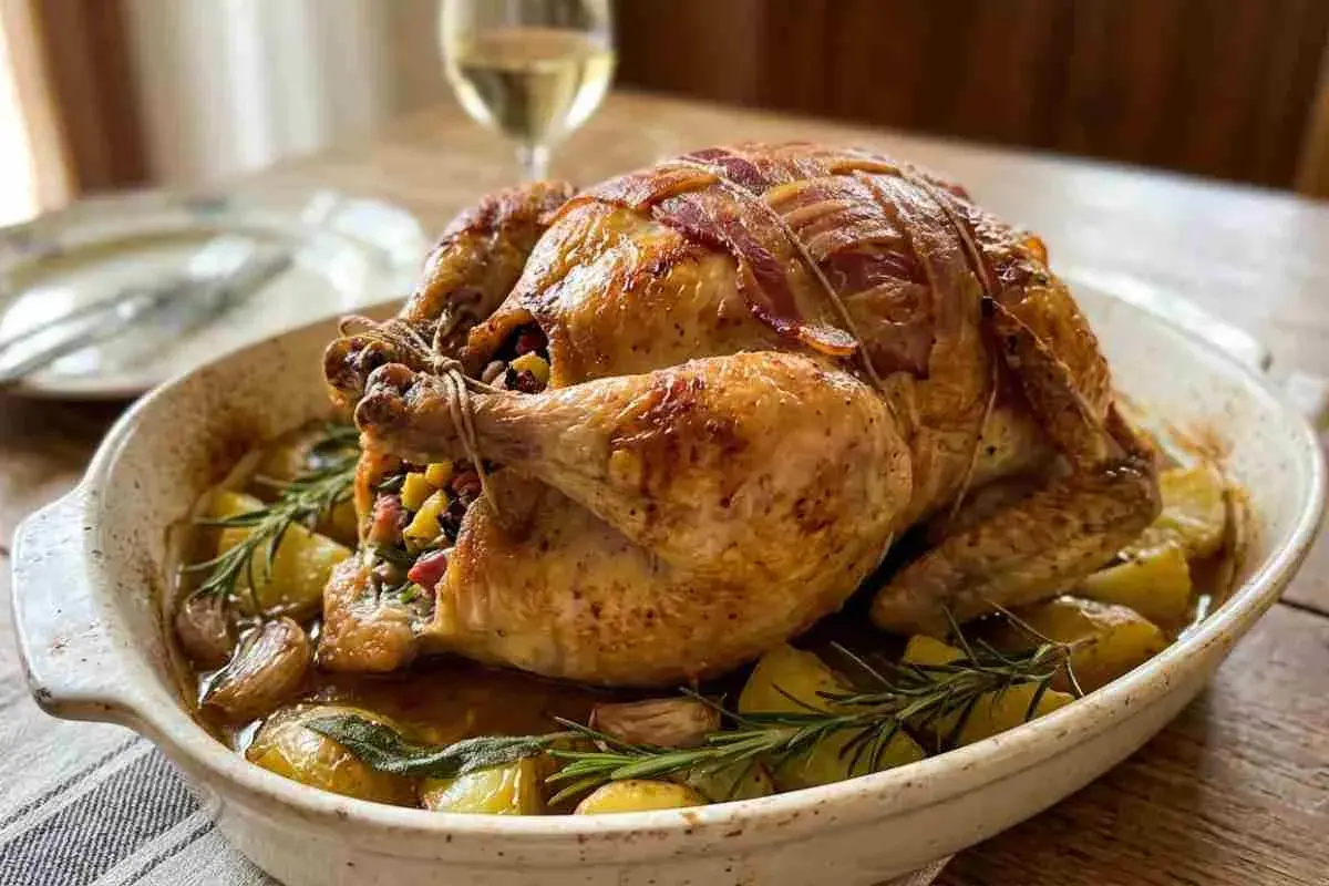 Faraona al forno, dorata e succulenta, avvolta in pancetta, con patate, aglio e rosmarino. Un piatto invitante.