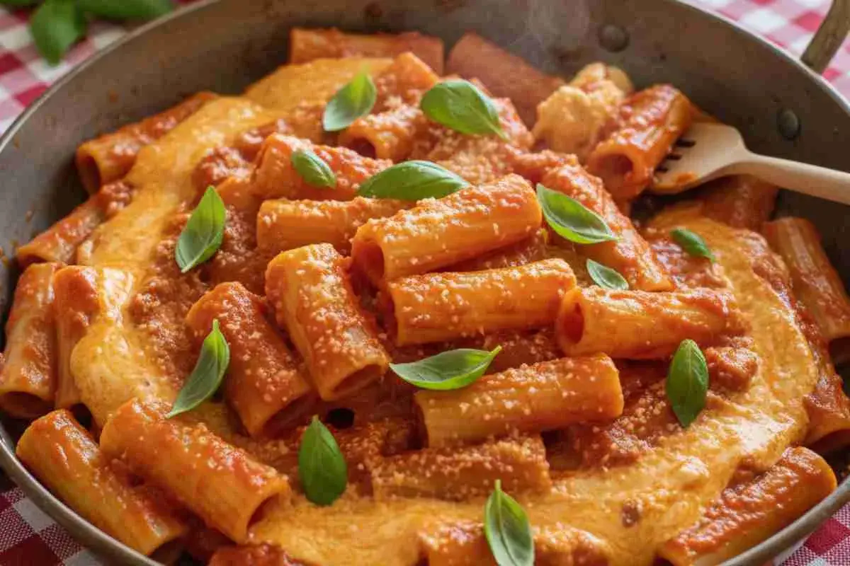 Paccheri alla Vittorio, un piatto ricco e cremoso, condito con un sugo rosso e guarnito con foglie di basilico fresco.