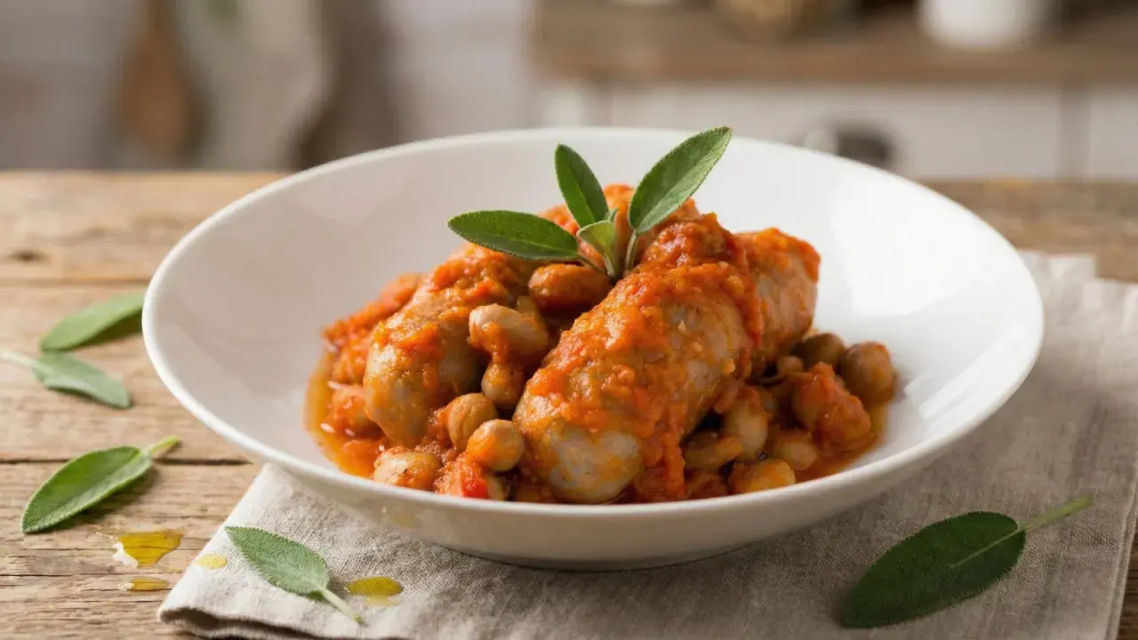 Salsiccia e fagioli in umido, guarniti con foglie di salvia fresca, serviti in una ciotola bianca su un tavolo di legno.