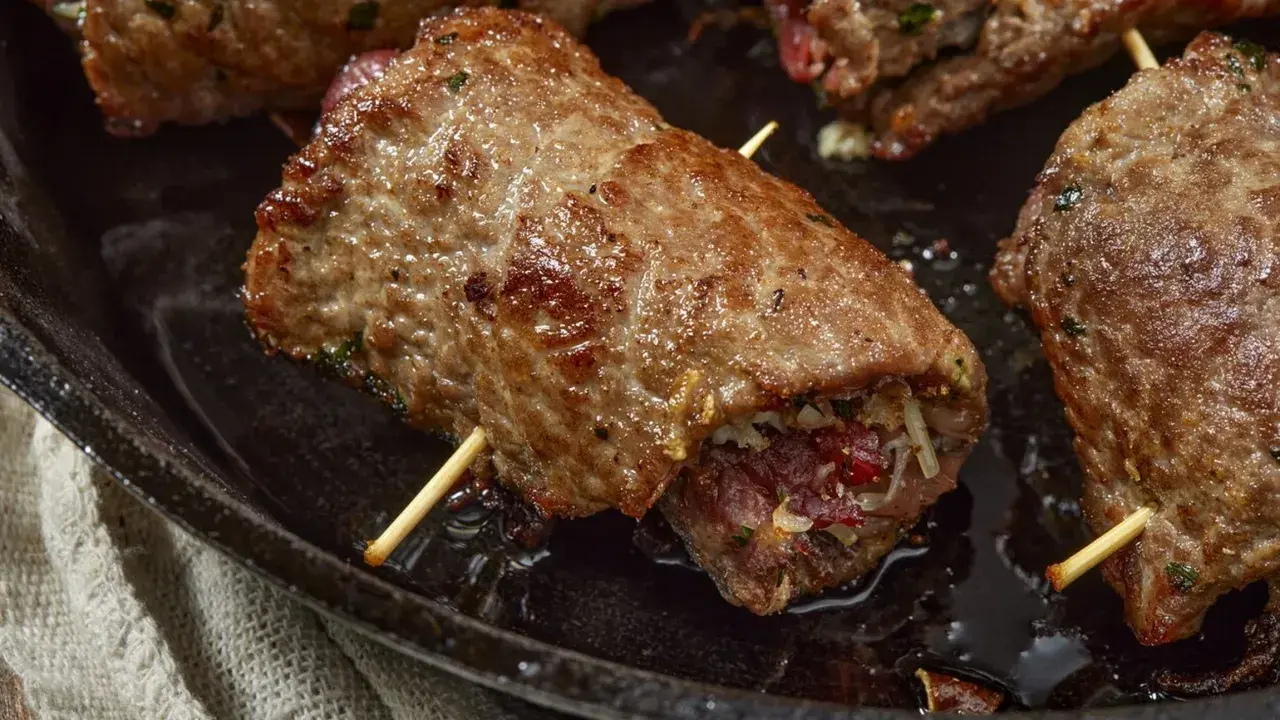 Involtini di carne in padella con sughetto, ripieni e cotti a puntino, pronti per essere gustati.