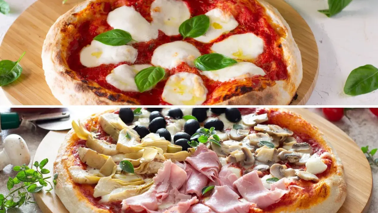 Due pizze deliziose: una margherita con mozzarella e basilico, l'altra con carciofi, olive, funghi e prosciutto. La pasta per pizza è perfetta!