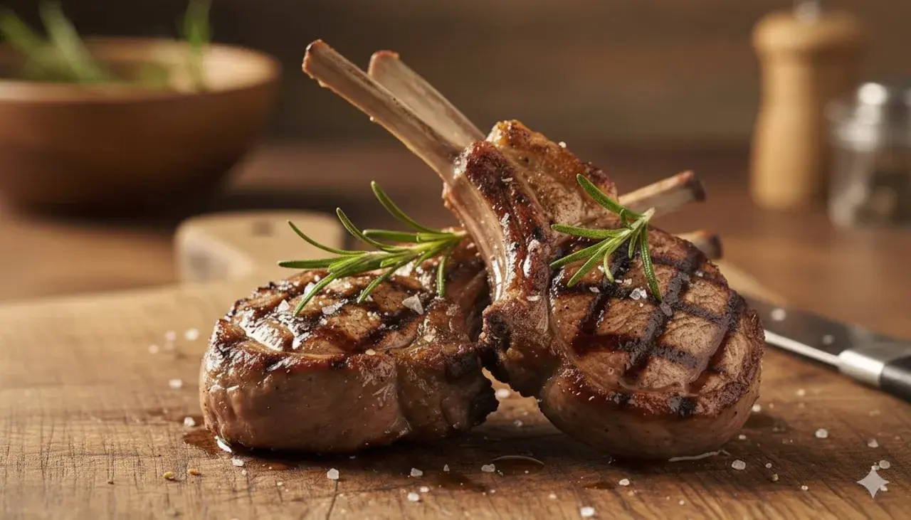 Deliziose costolette di agnello grigliate, guarnite con rosmarino fresco e sale grosso, pronte per essere gustate.