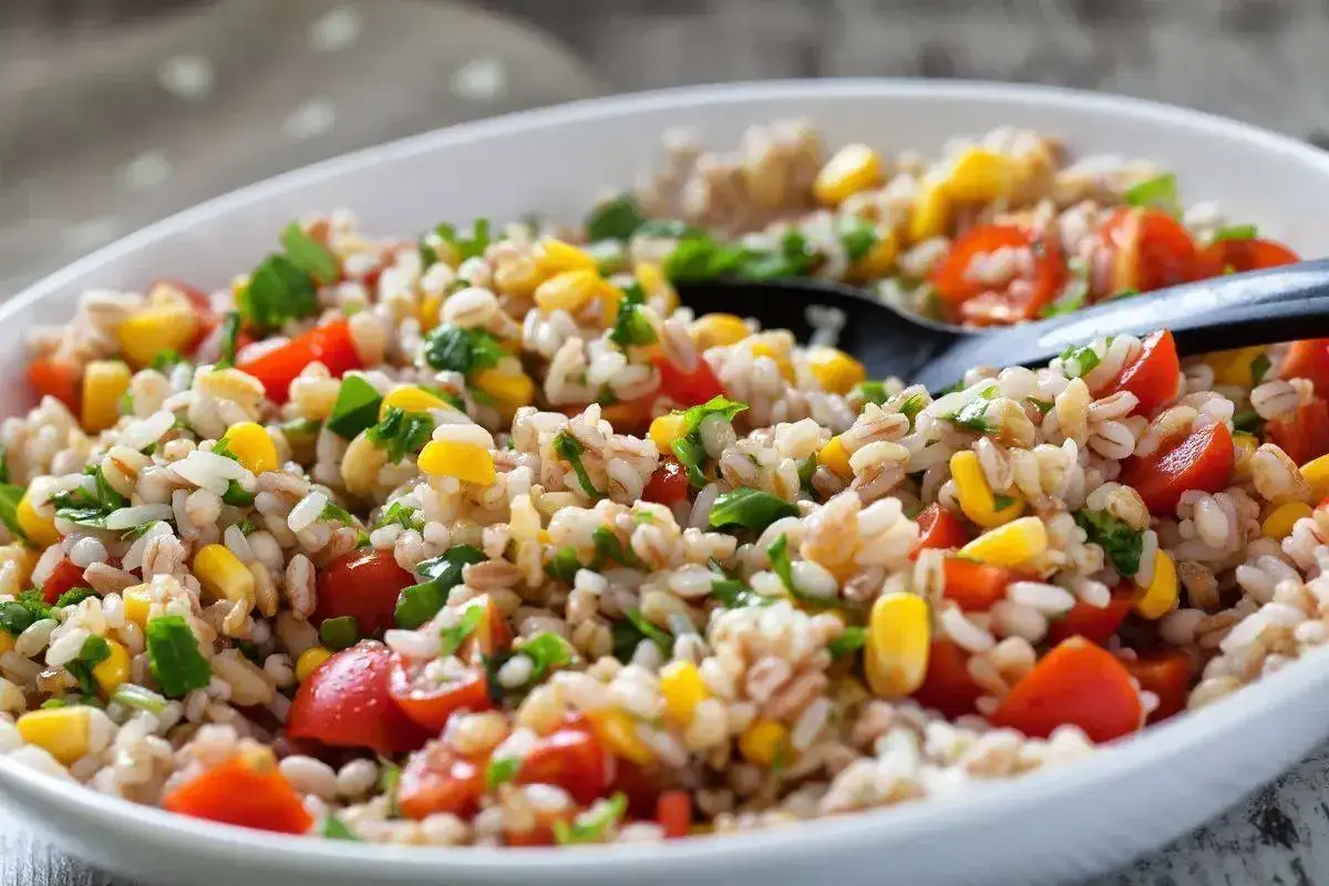 Insalata di farro colorata con pomodorini, mais e prezzemolo fresco. Un piatto leggero e gustoso, perfetto per l'estate.