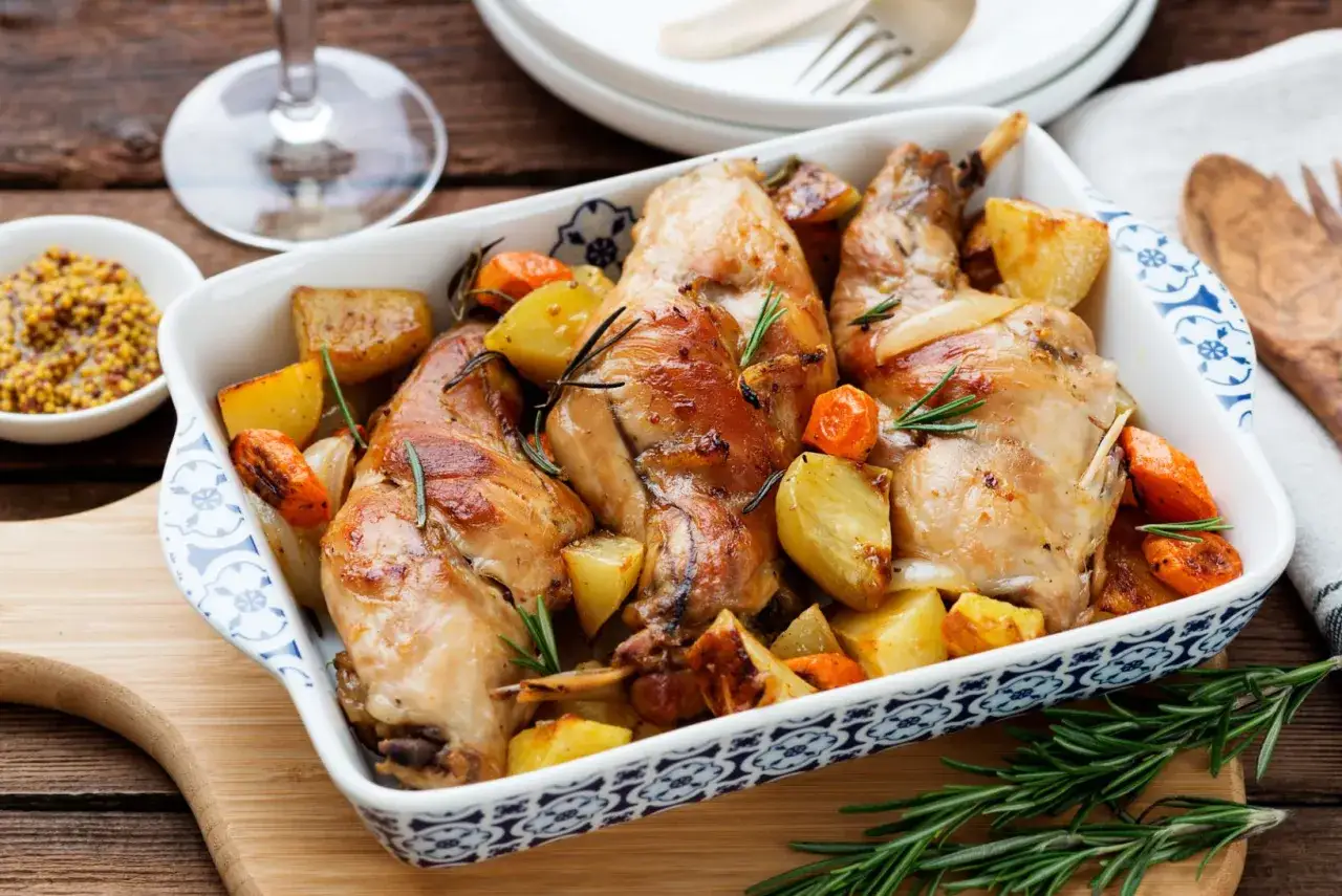 Coniglio al forno succulento con patate e carote arrosto, profumato al rosmarino. Un piatto rustico e saporito.